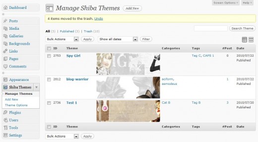 manage-shiba-themes-screen Standard WordPress interface for managing Shiba Theme objects.